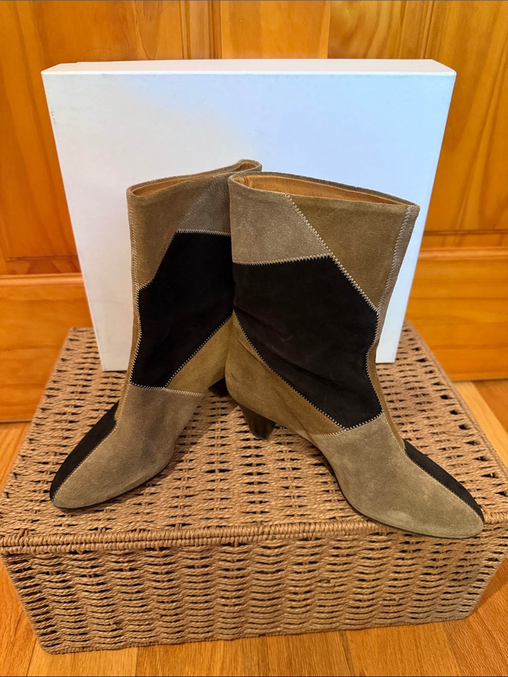 Isabel Marant Two-Tone Suede Mid-Calf Boots In Olive And Black